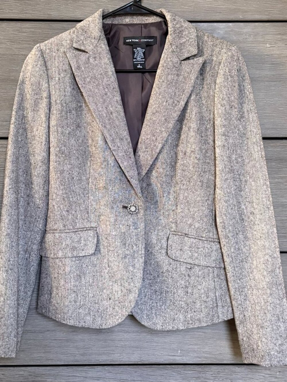 NWOT New York & Company Brown Tweed One-Button Blazer Jeweled Buttons Size 2